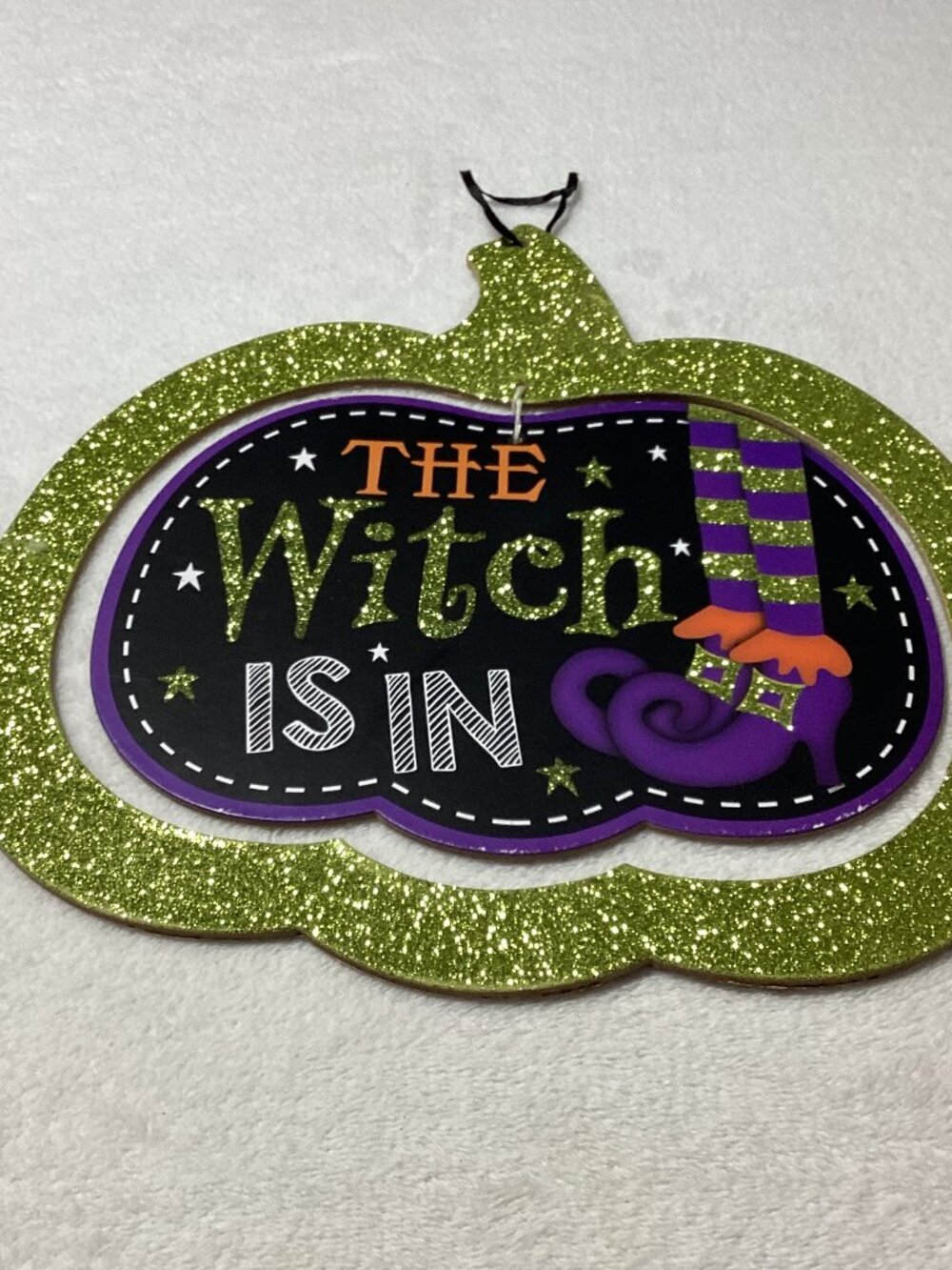Greenbrier International "The Witch Is In" Pumpkin Hanging Sign Size 11.1x11.7"